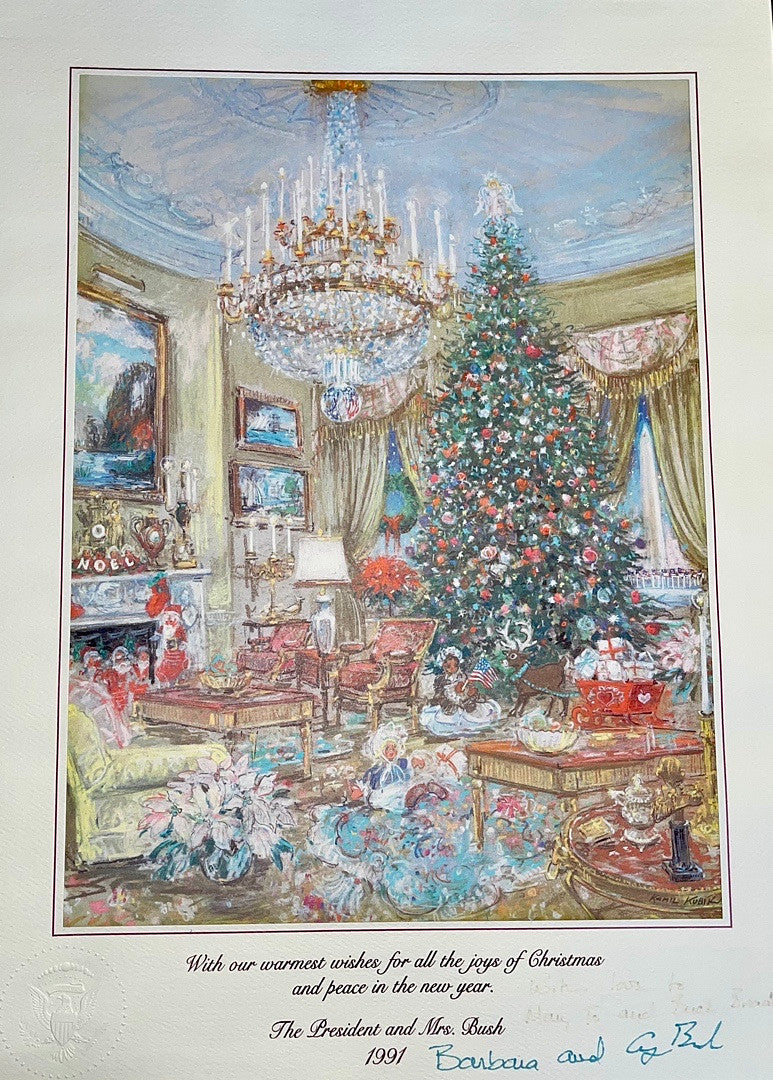 George HW Bush and Barbara Bush signed Official 1991 Christmas Card 12x16 - JSA COA